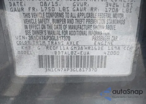 2016 Nissan Versa 1.6 S/1.6 S+/1.6 Sl/1.6 Sv from USA, damaged, VIN 3N1CN7AP3GL817370